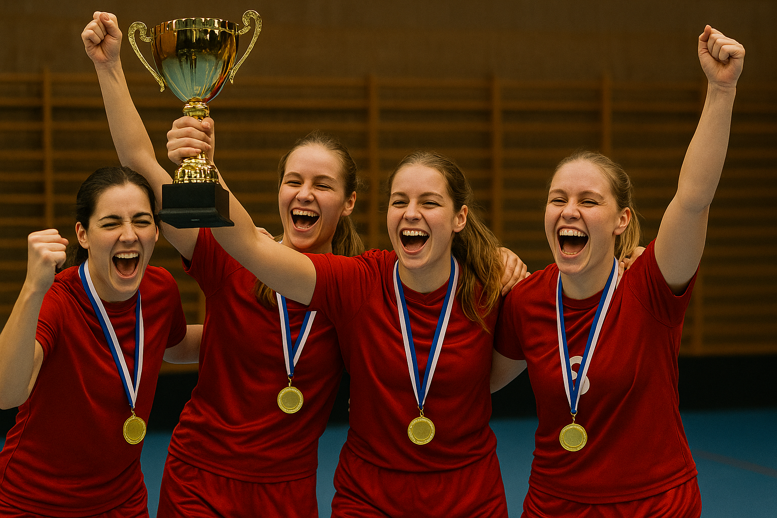 dievčatá s florbalovou trofejou